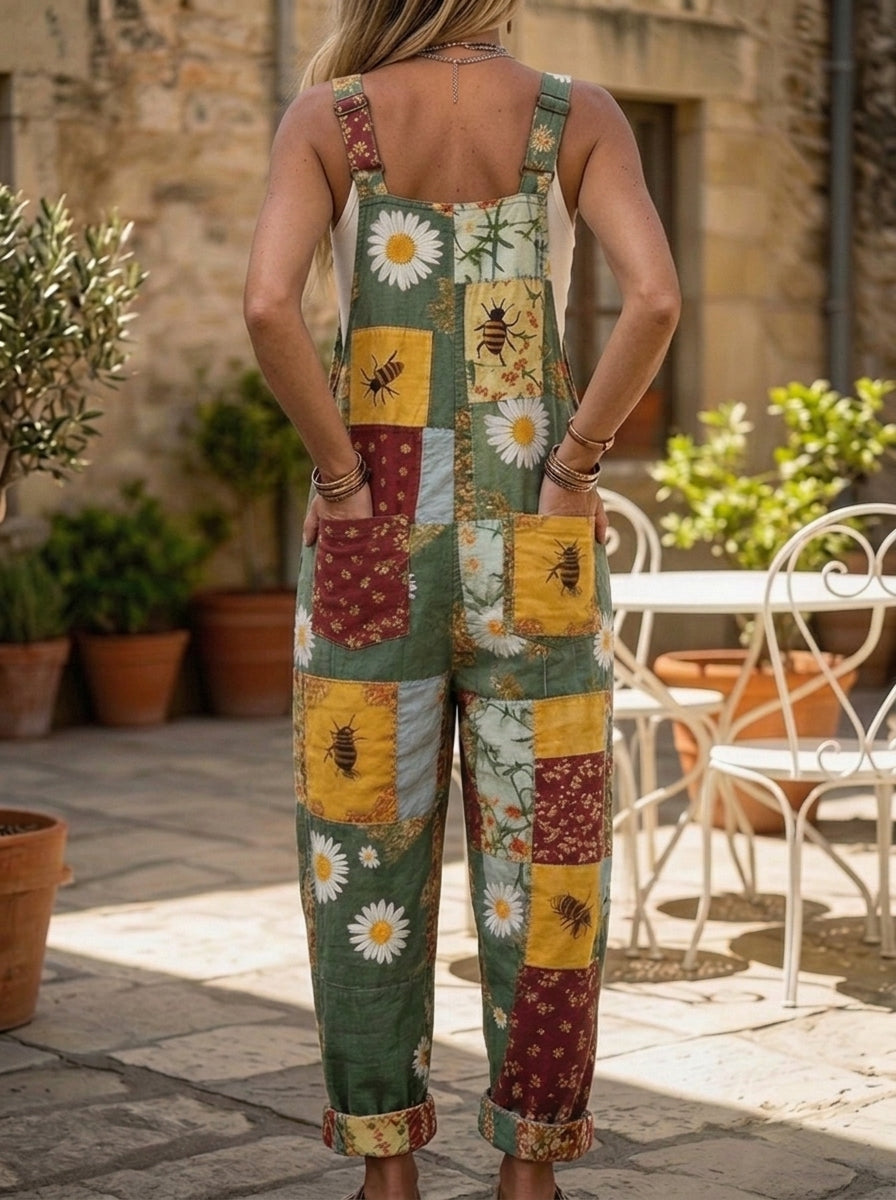 Vintage Vintage Patchwork Bee Daisy Print Adjustable Strap Loose Overalls