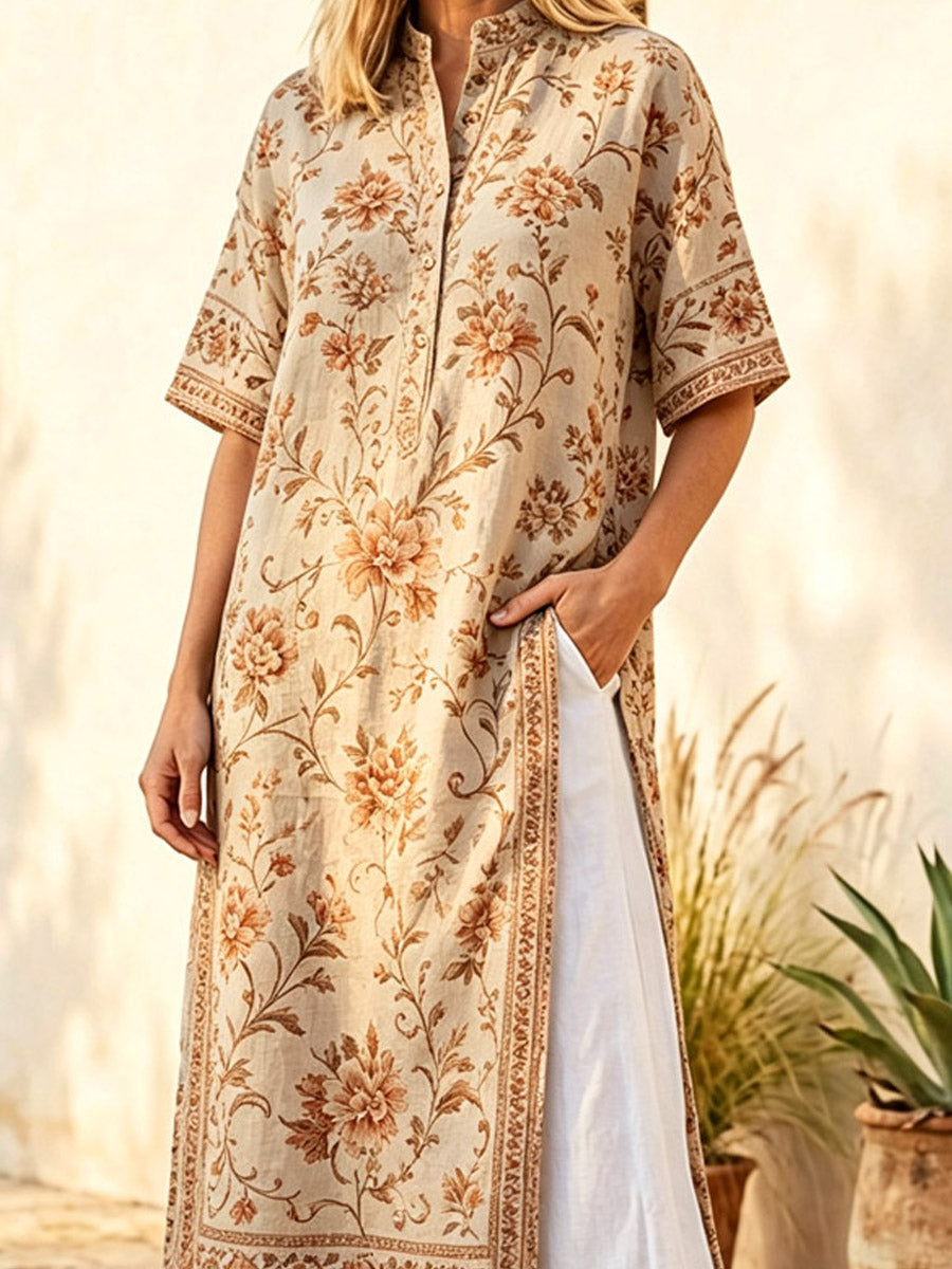 Retro Floral Pattern Art Print Casual Side Slits Stylish Cotton Linen Shirt