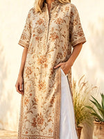 Retro Floral Pattern Art Print Casual Side Slits Stylish Cotton Linen Shirt