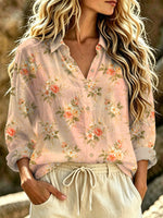 Women's Floral Art Print Casual Long Sleeve Lapel Linen Shirt