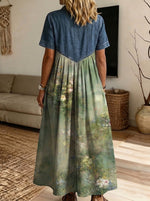 Women’s Denim Spliced Vintage Green Oil Painting Floral Shirt Midi Dress With Pockets