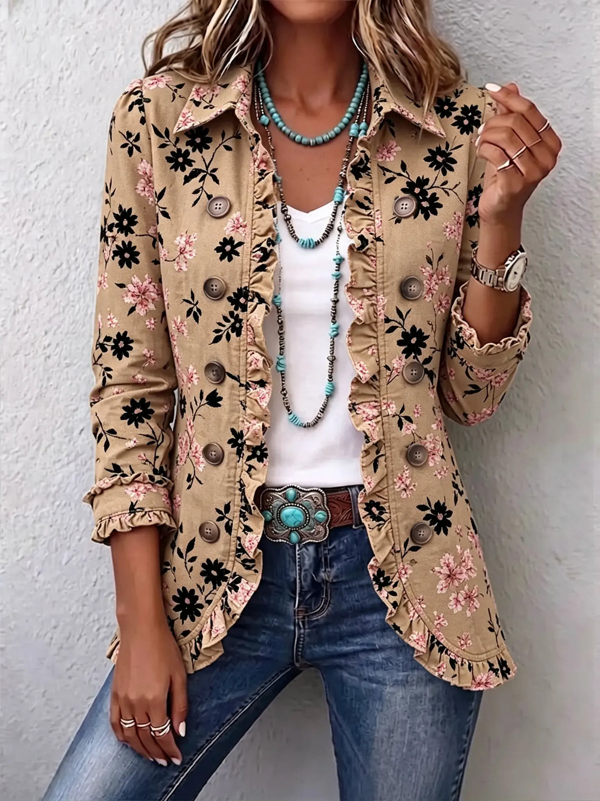 Women's Pastoral Cherry Blossom Floral Print Ruffle Lapel Casual Blazer Jacket