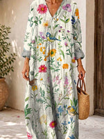 Retro Floral Birds Pattern Art Print Casual V-neck Long Sleeve Cotton Linen Maxi Dress