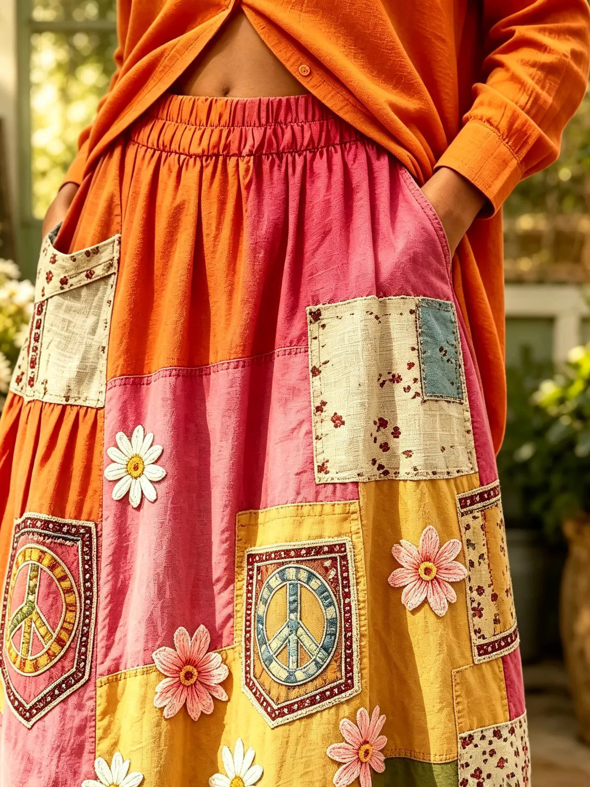 Women's Patchwork Daisy Peace Patch Print Maxi Skirt