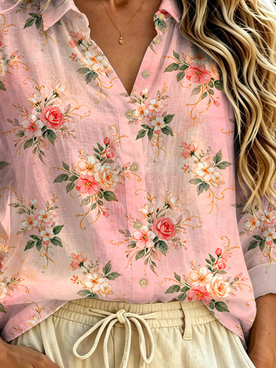 Women's Floral Art Print Casual Long Sleeve Lapel Linen Shirt
