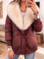 Faux Fur Collar Toggle Drawstring Puffer Jacket Women Winter Warm Quilted Coat
