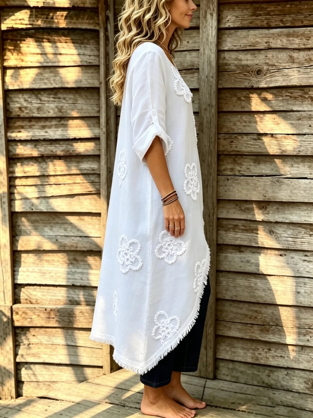 Women's 3d Floral Embellished Irregular Slanted Three-quarter Sleeve Long Cardigan