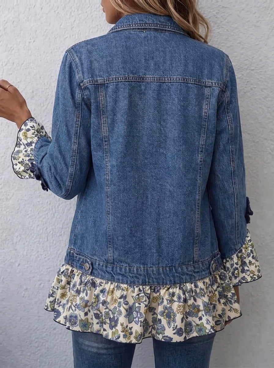 Women Floral Ruffle Patchwork Denim Jacket Lapel Button Long Sleeve Boho Outerwear