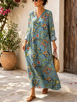 Retro Floral Pattern Art Print Casual V-neck Long Sleeve Cotton Linen Maxi Dress