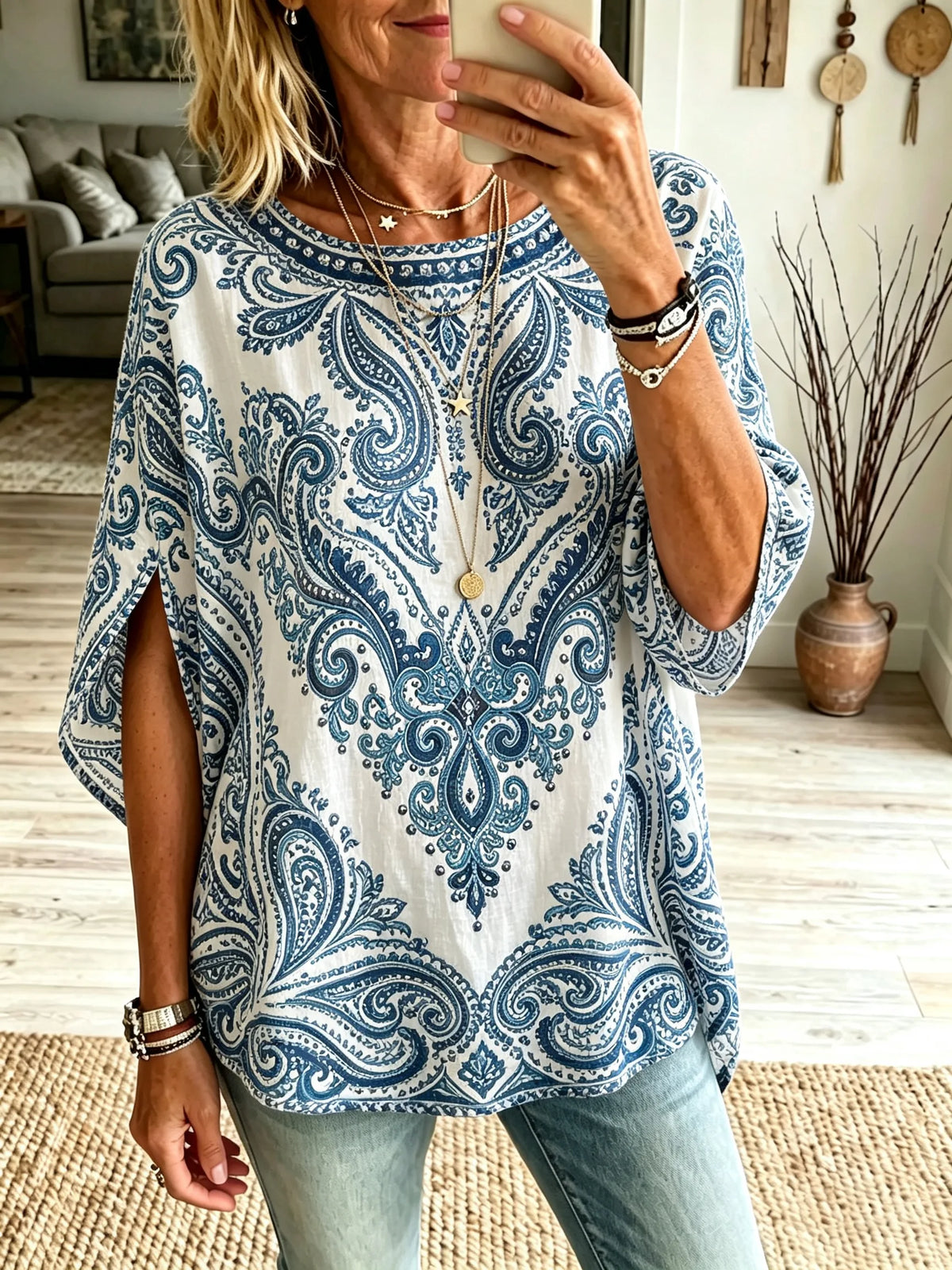 Women Blue White Paisley Round Neck Split Tunic Top