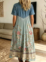 Women Denim Spliced Floral Butterfly Print Shirt Midi Dress With Pockets