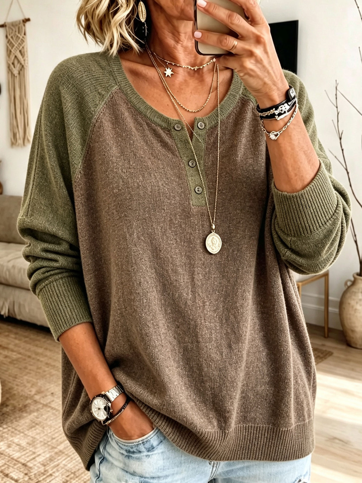 Women Color Block Raglan Sleeve Henley Knit Sweater Loose Long Sleeve Top