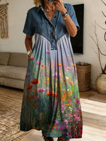 Women’s Denim Spliced Wildflower Oil Painting Print Midi Shirt Dress With Pockets