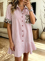 Women's Striped Leopard Pocket Shirt Dress