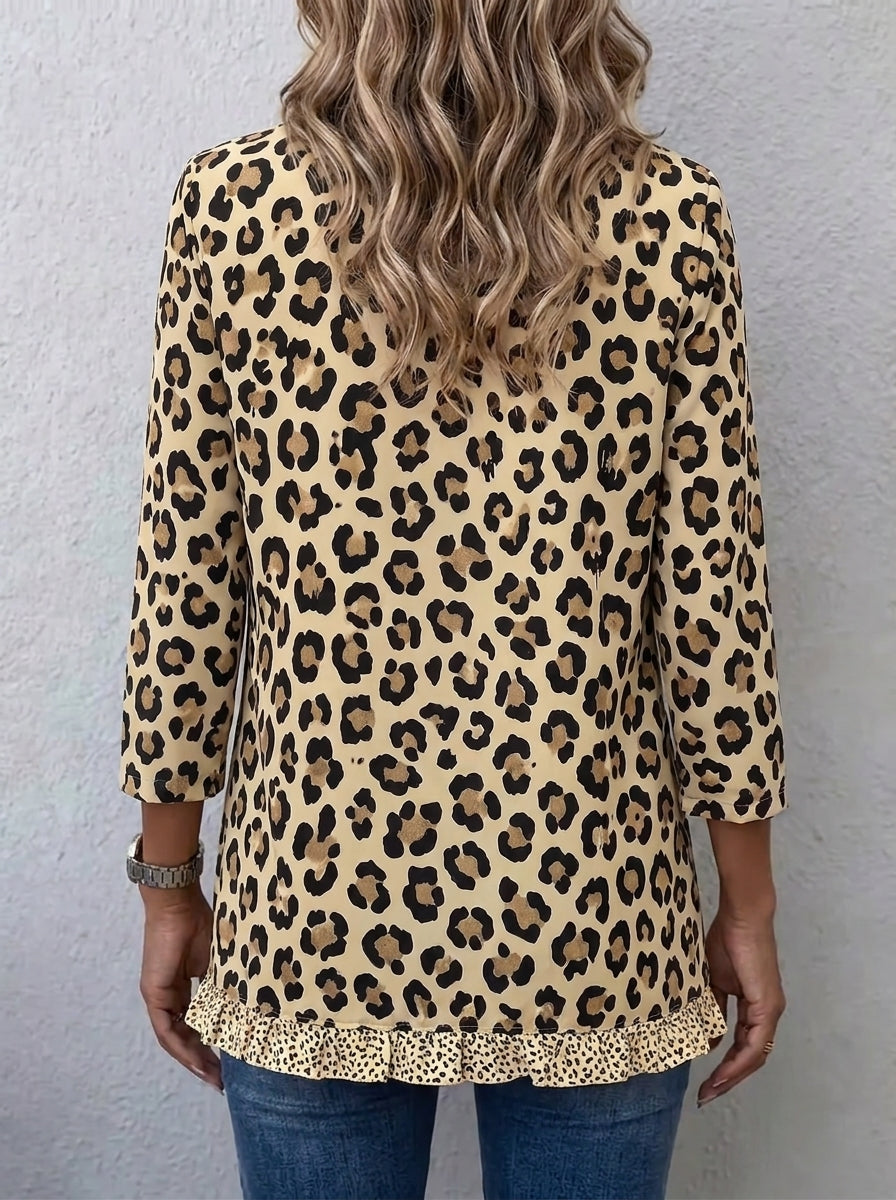 Women Leopard Print Ruffle Trim Shirt Jacket Collared 3/4 Sleeve Button Down Casual Blouse Coat