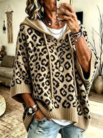 Women Leopard Print Drawstring Hooded Half‑Sleeve Knit Sweater