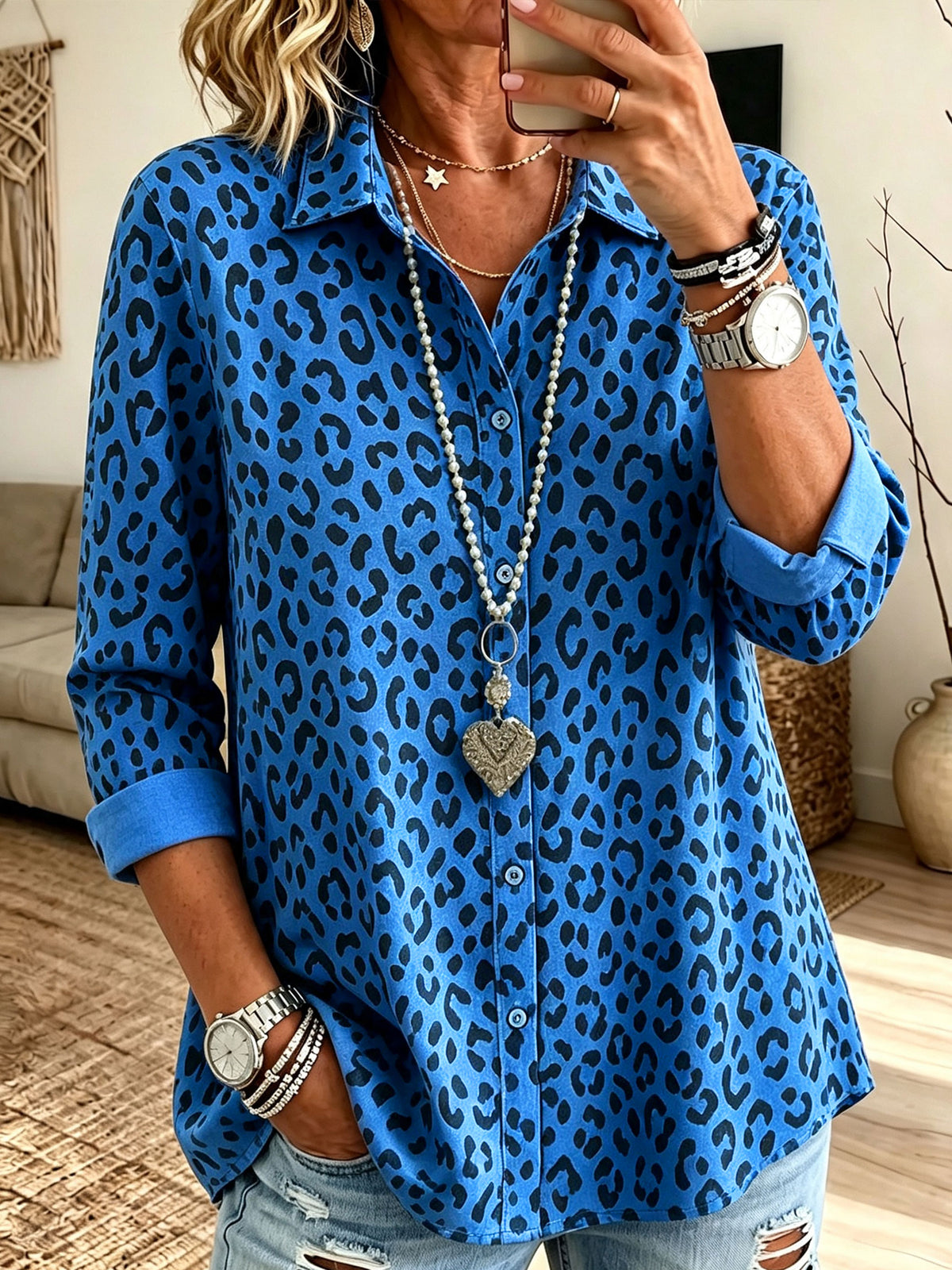 Women's Leopard Print Button Down Long Sleeve Shirt, Casual Lapel Loose Blouse Top
