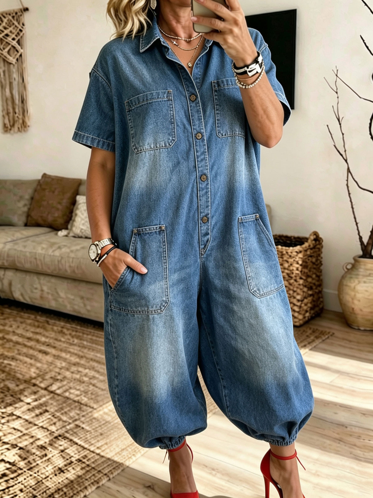 Women Denim Short Sleeve Jumpsuit Collared Button Front Loose Baggy Jumpsuit With Multi Pockets