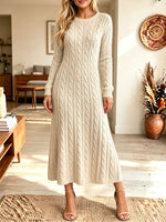 Women Round Neck Cable Knit Long Sleeve A‑Line Midi Sweater Dress