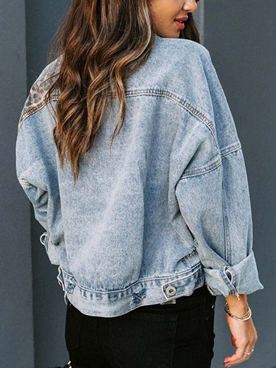 Retro Leopard Patchwork Long Sleeve Lapel Casual Stylish Denim Coat