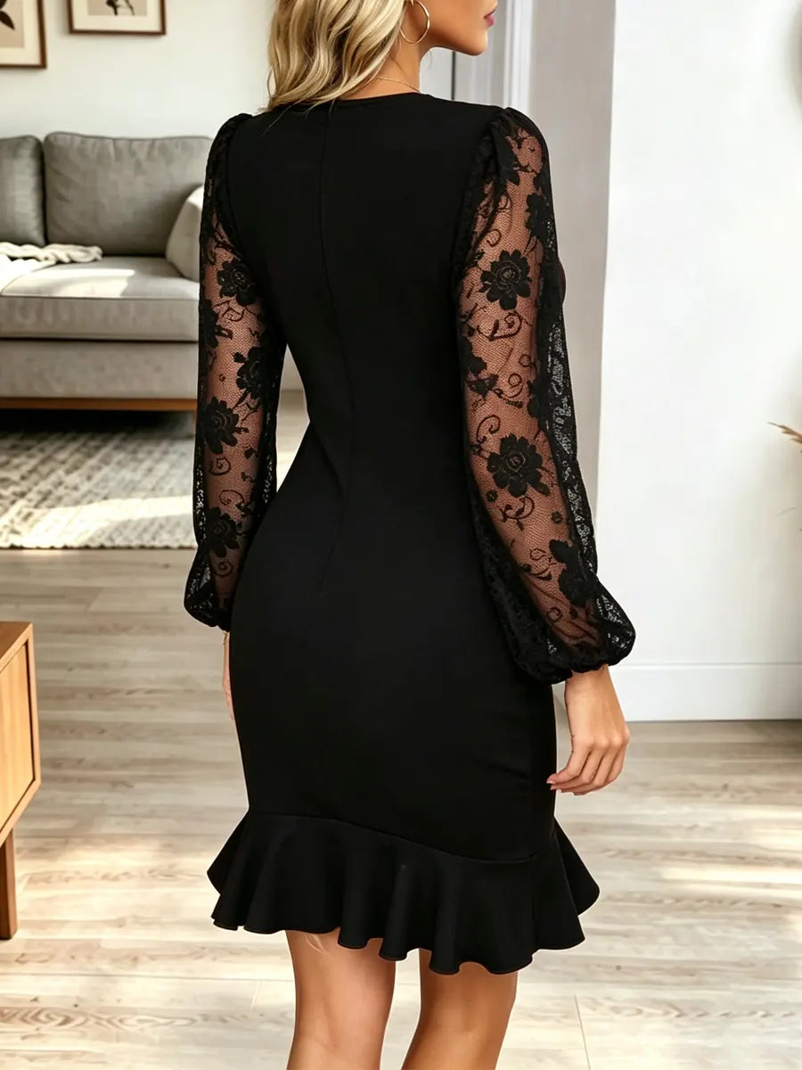 Retro Floral Lace Patchwork Ruffle Art Casual Stylish Long Sleeve Mini Dress