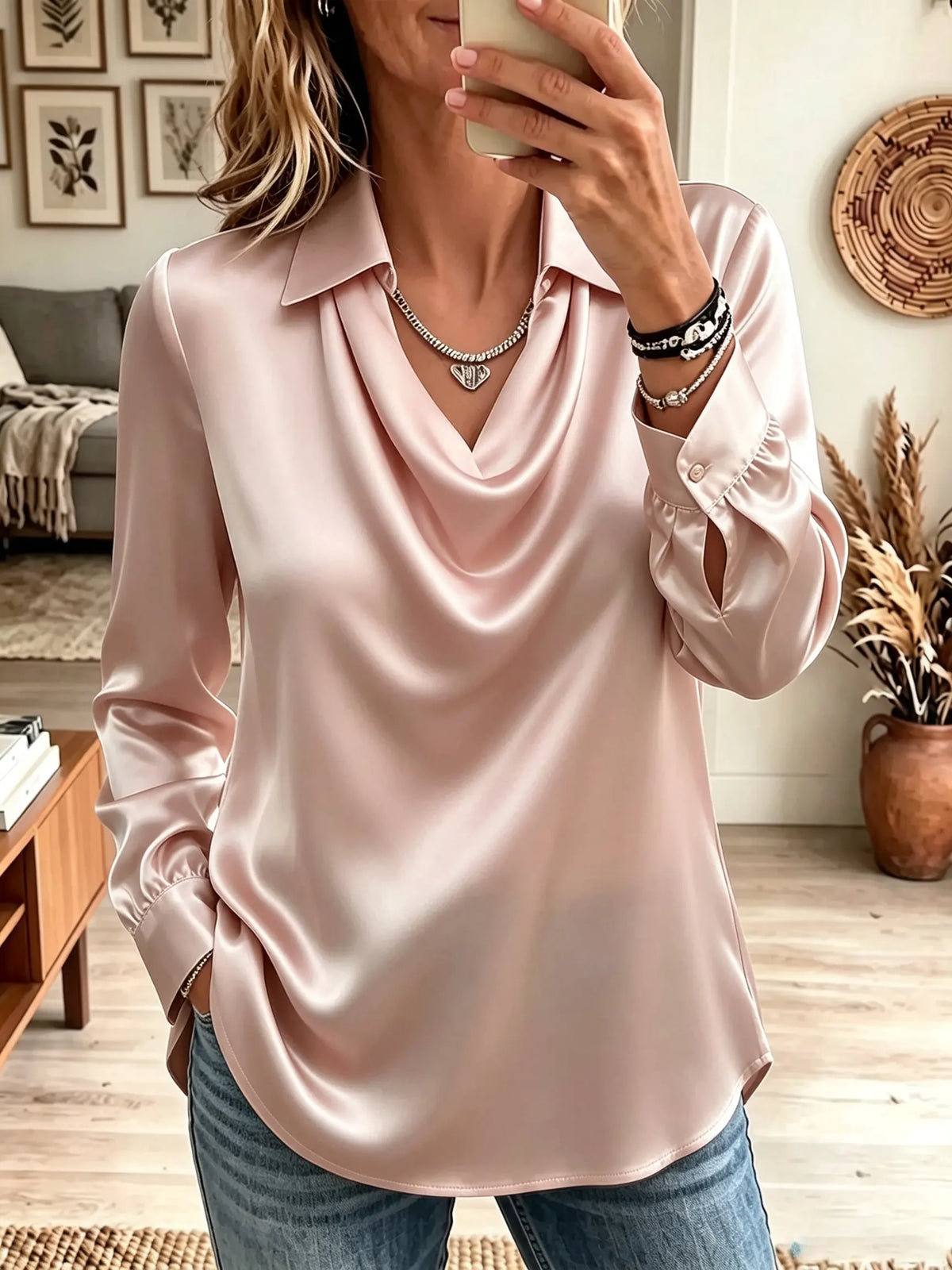 Women's Cowl Neck Collared Satin Blouse