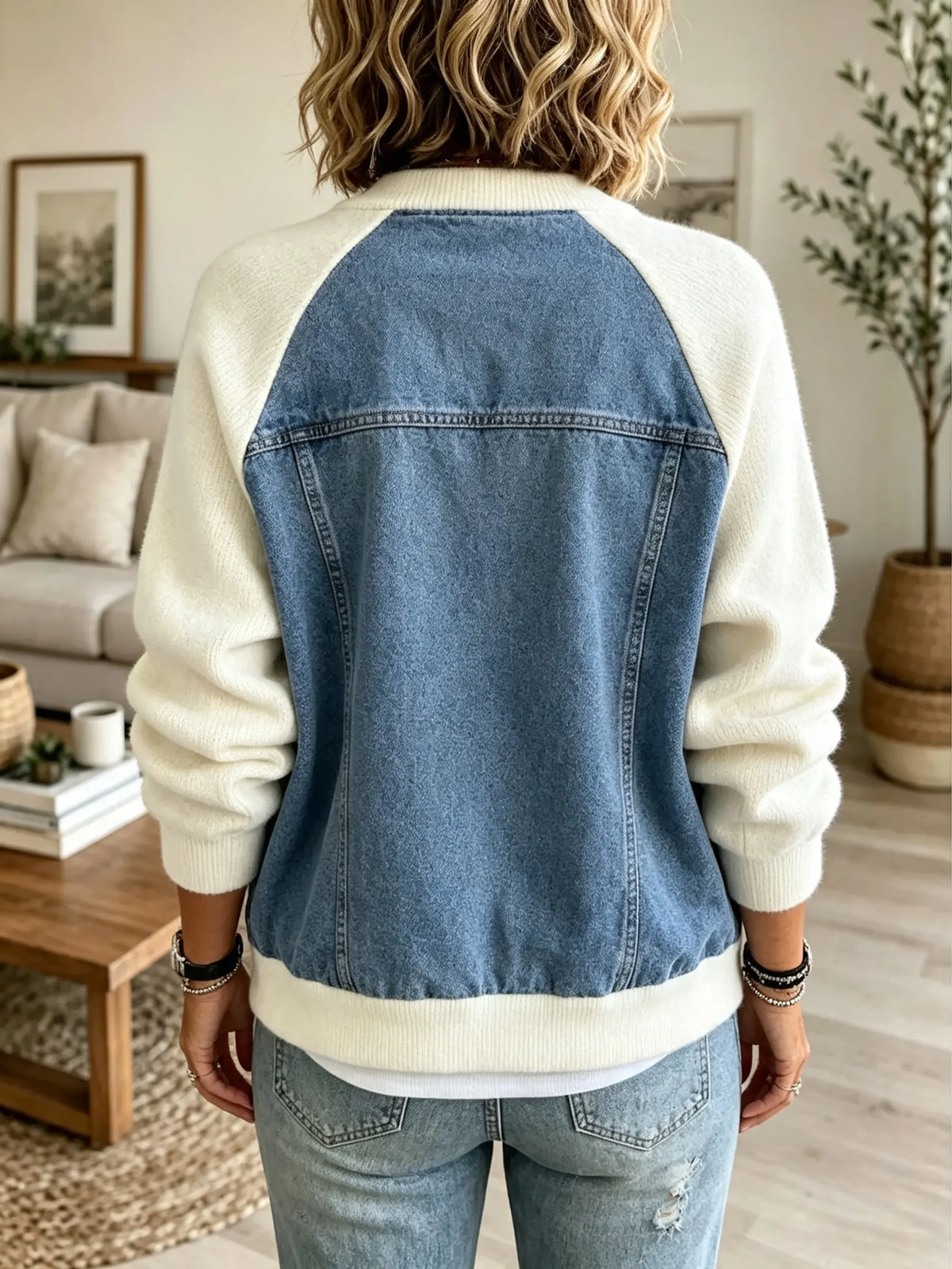Women's Knit Sleeved Denim Bomber Jacket