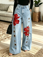 Women's Grommet Floral Patchwork Wide-Leg Jeans