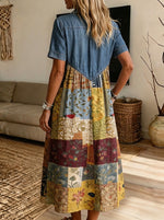 Women’s Denim Collar Patchwork Floral Print Spliced Button Front Midi Dress