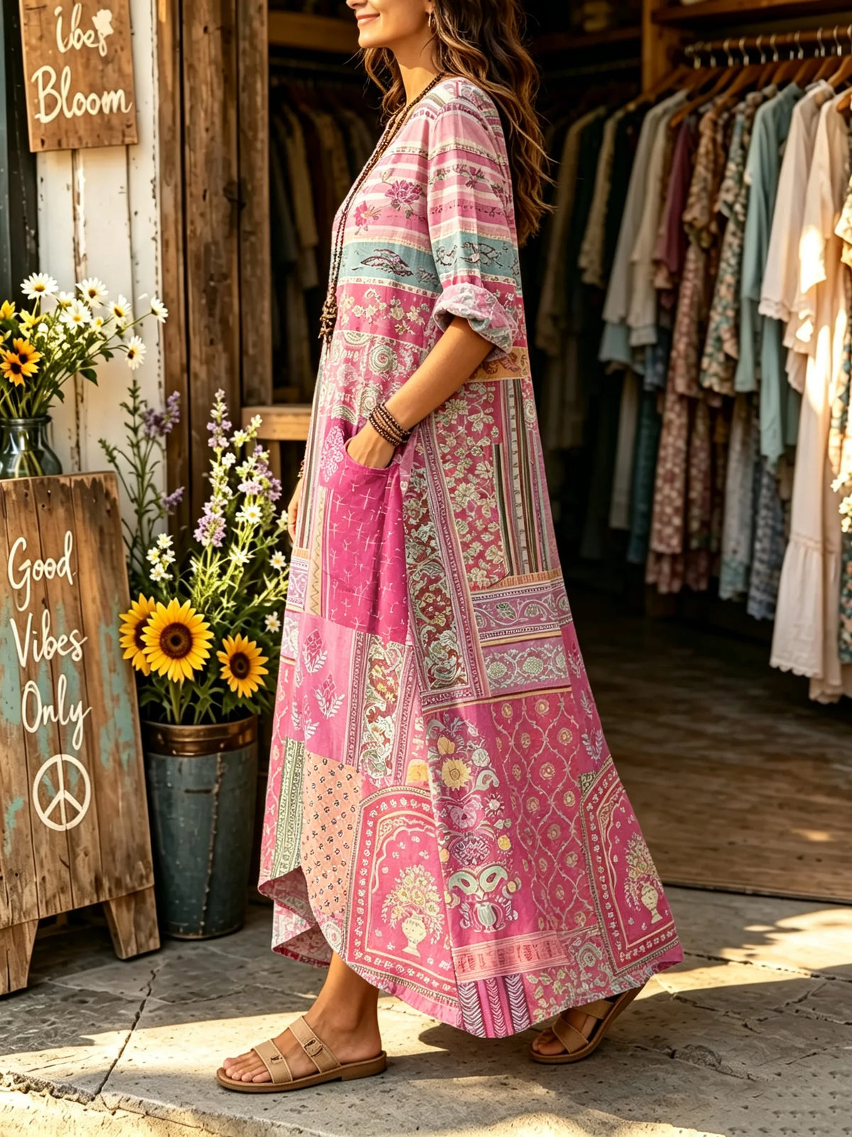 Women's Pink Vintage Patchwork Floral Stripe Print V-neck Maxi Dress