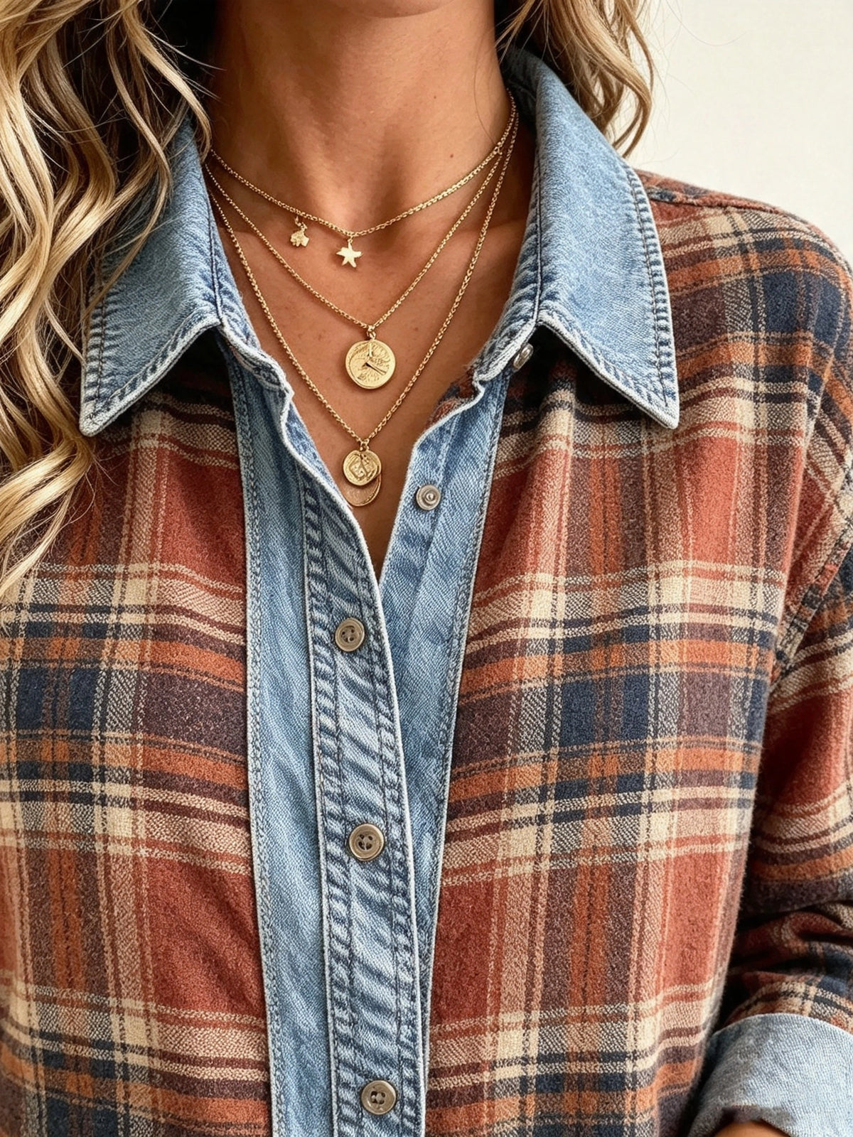 Women's Plaid Denim-Patch Button-Down Shirt