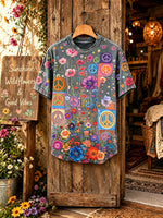Unisex Retro Patchwork Flower Peace Sign Print Short Sleeve T-Shirt