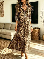 Retro Leopard Pattern Art Casual Long Sleeve Stylish Cotton Linen Dress
