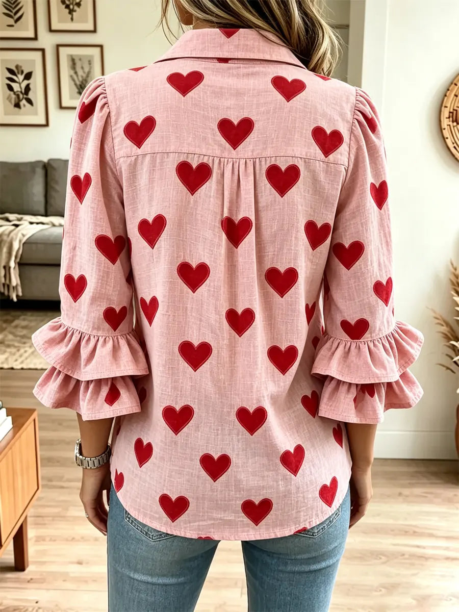 Retro Hearts Pattern Art Print Casual Ruffle Stylish Long Sleeve Cotton Linen Shirt