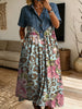 Women’s Denim Spliced Leopard Floral Print Loose Midi Dress With Pockets
