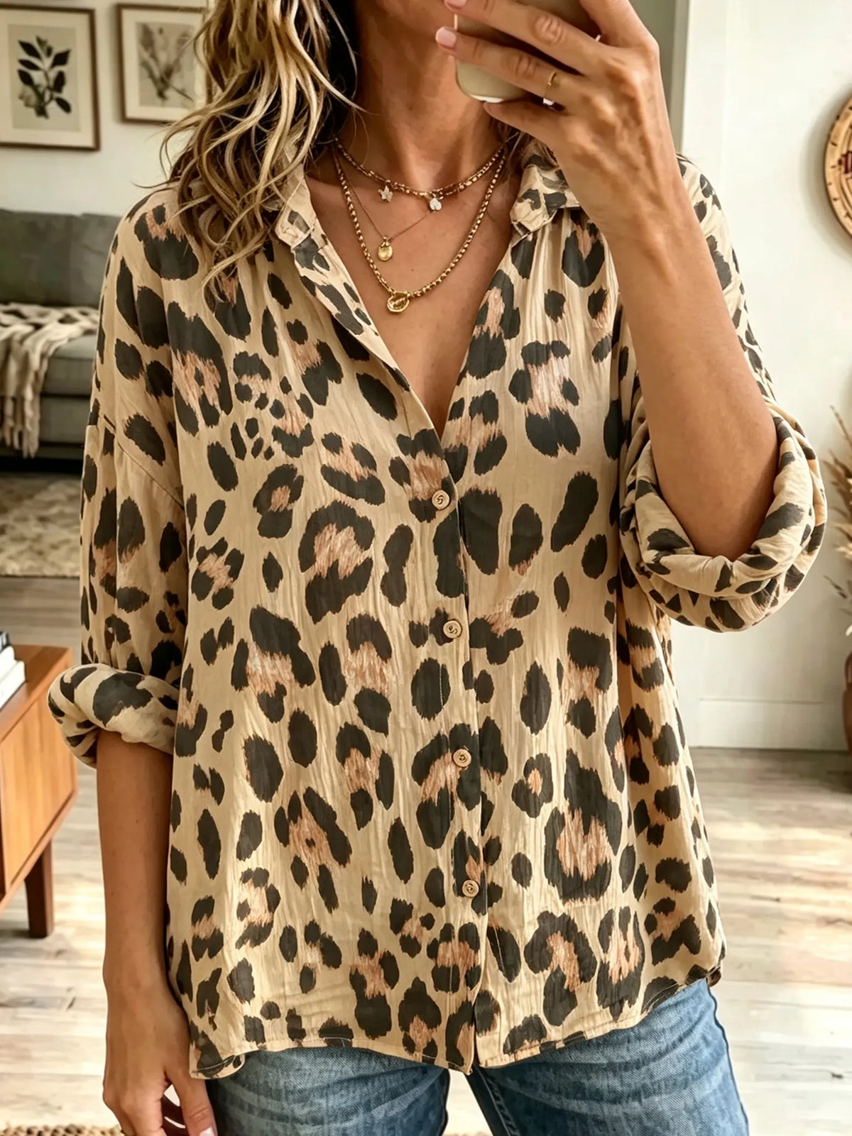 Women's Leopard Print Button-Down Shirt