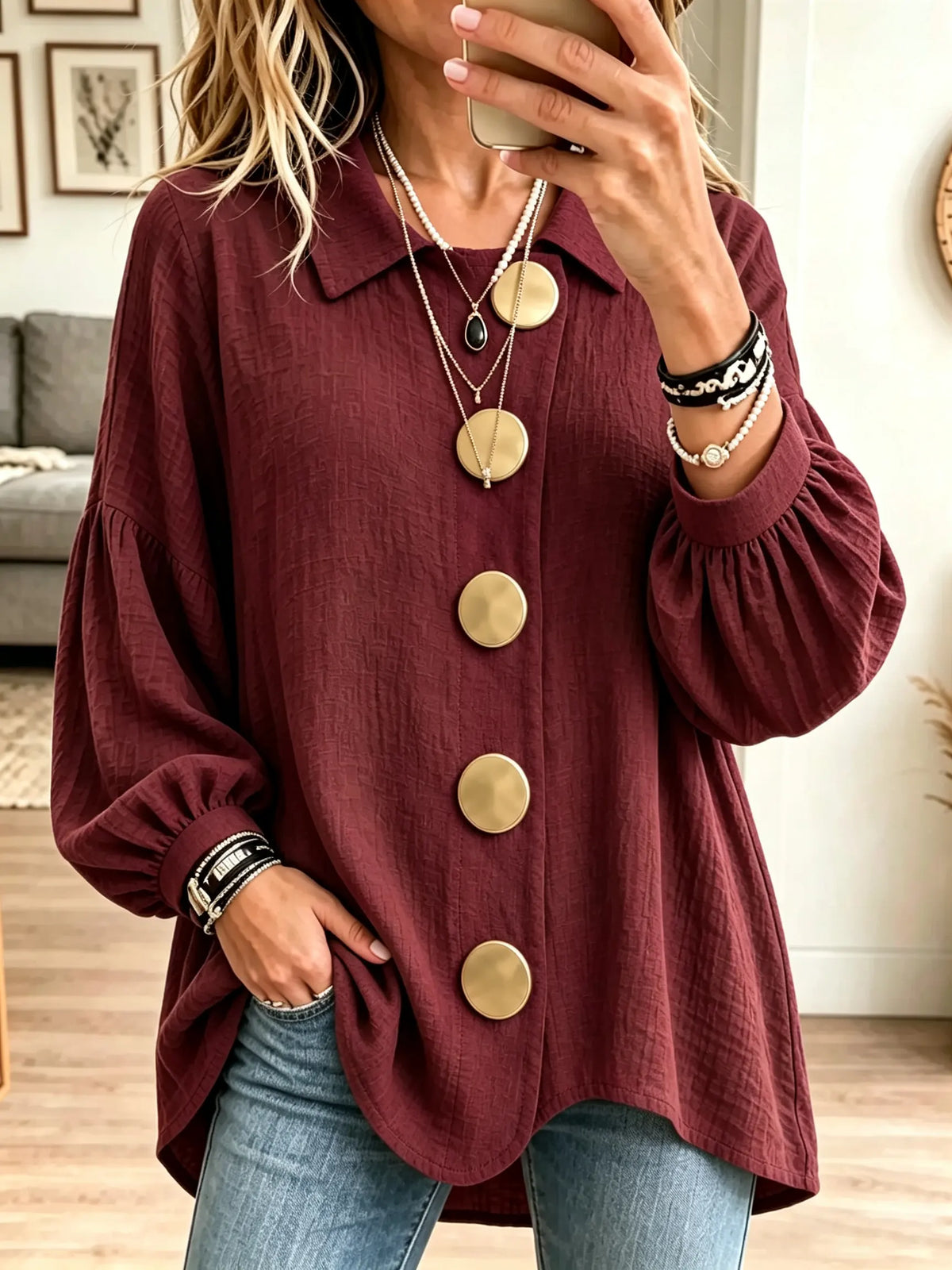Women's Button Crinkle Tunic Blouse