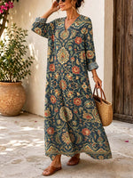 Retro Ethnic Floral Pattern Art Print Casual V-neck Long Sleeve Cotton Linen Maxi Dress