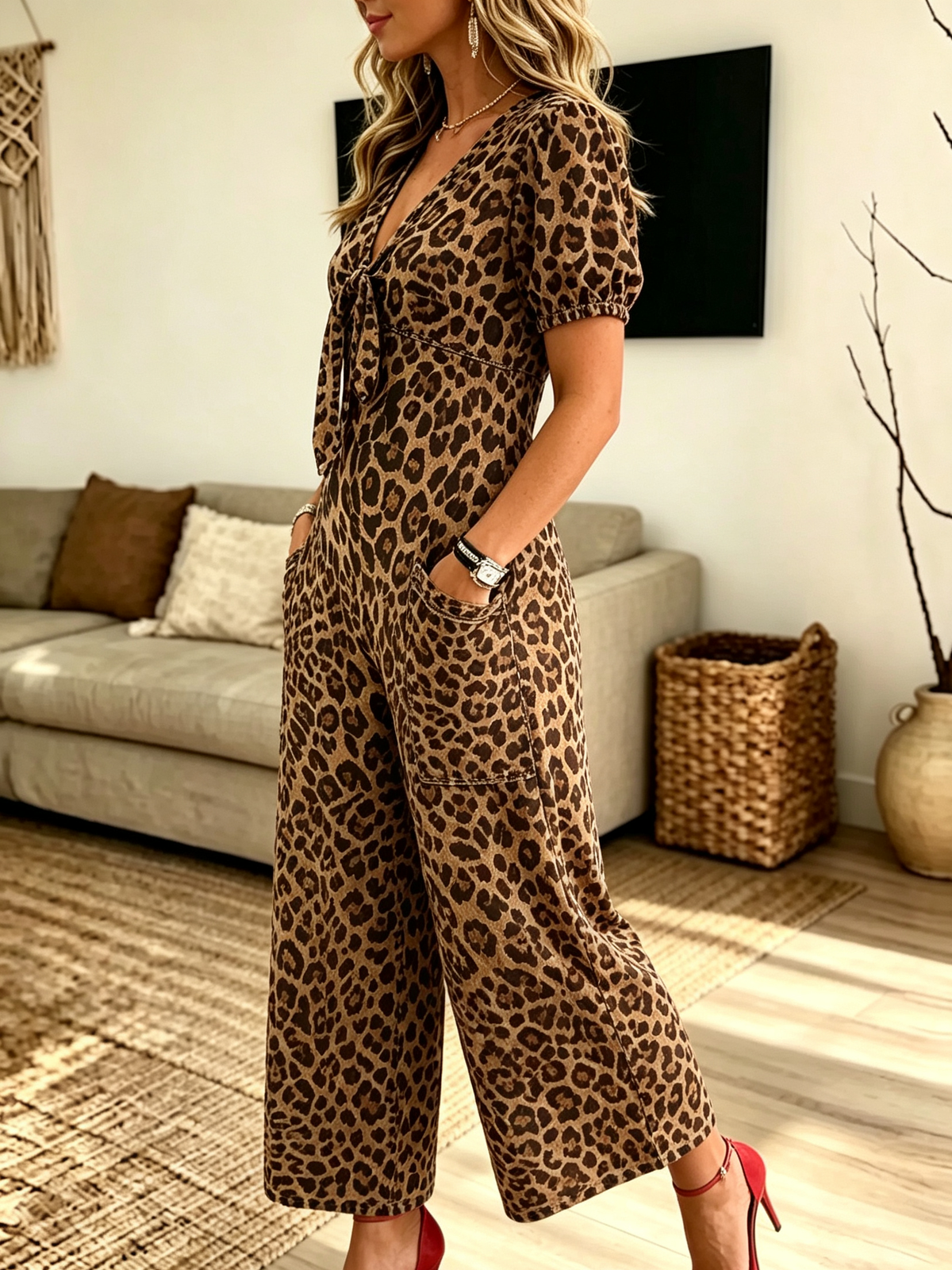 Women's Tie-Front Wide-Leg Leopard Jumpsuit