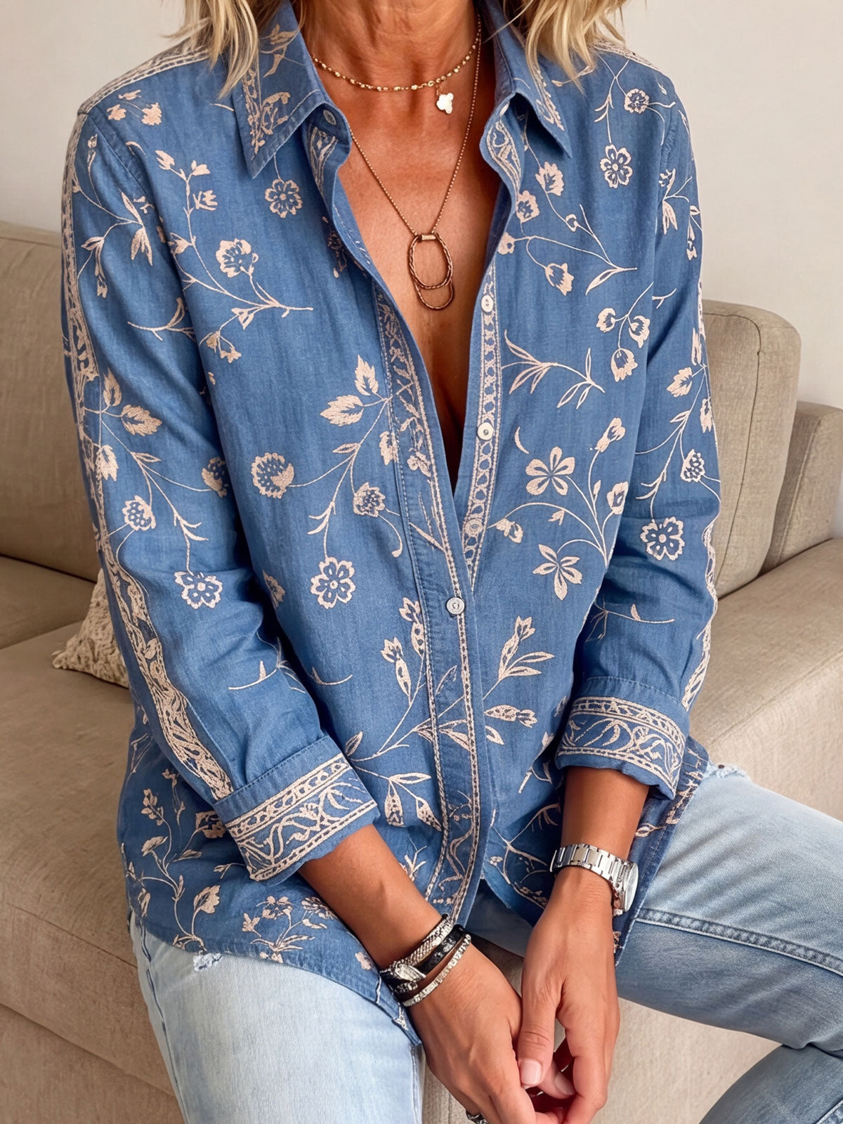 Women’s Collared Floral Print Embroidered Trim Loose Button Down Shirt