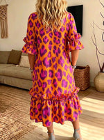Women Leopard Print Ruffle Midi Dress Casual Loose Pocket Summer Dress