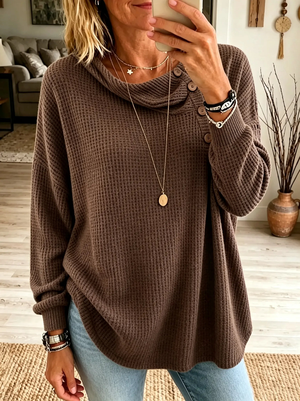 Women's Button Detail Waffle Knit Cowl Neck Top
