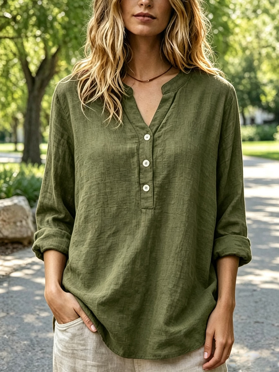 Women's Solid Color Long Sleeve Cotton And Linen Shirt