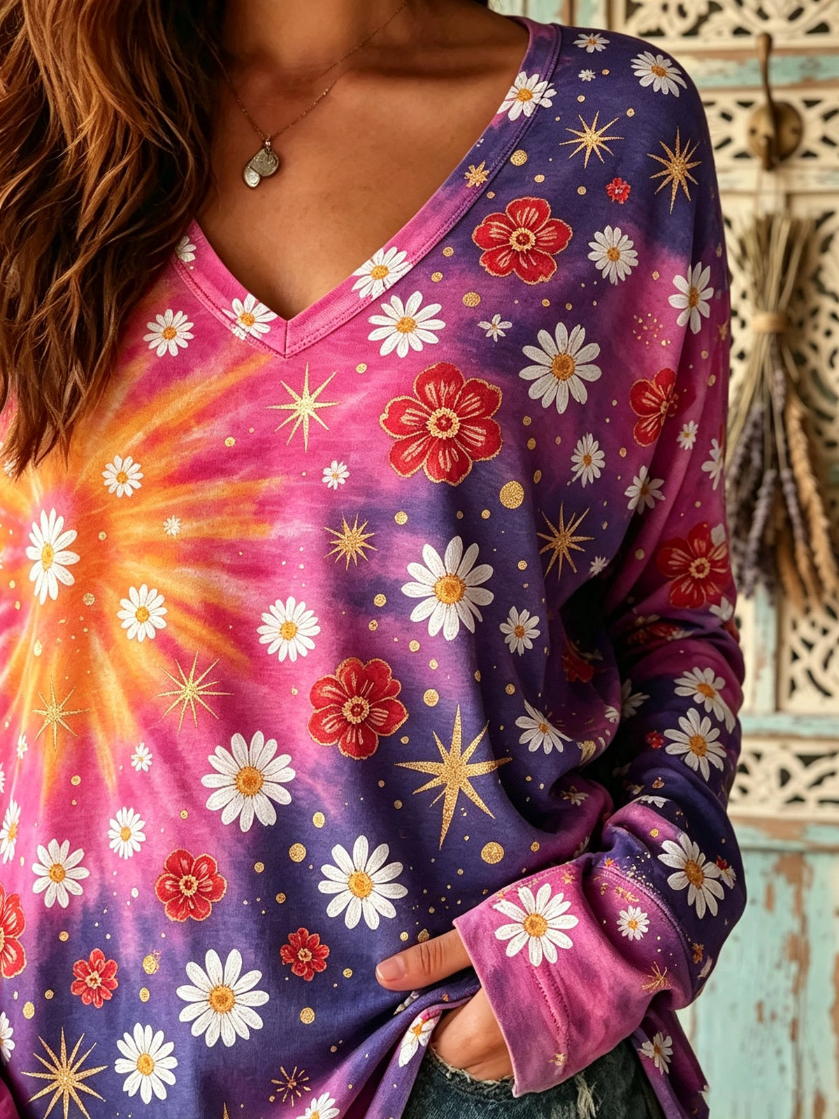 Women's Celestial Floral Print V-Neck Top