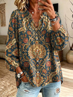 Retro Floral Pattern Art Print Casual Long Sleeve Cotton Linen Shirt