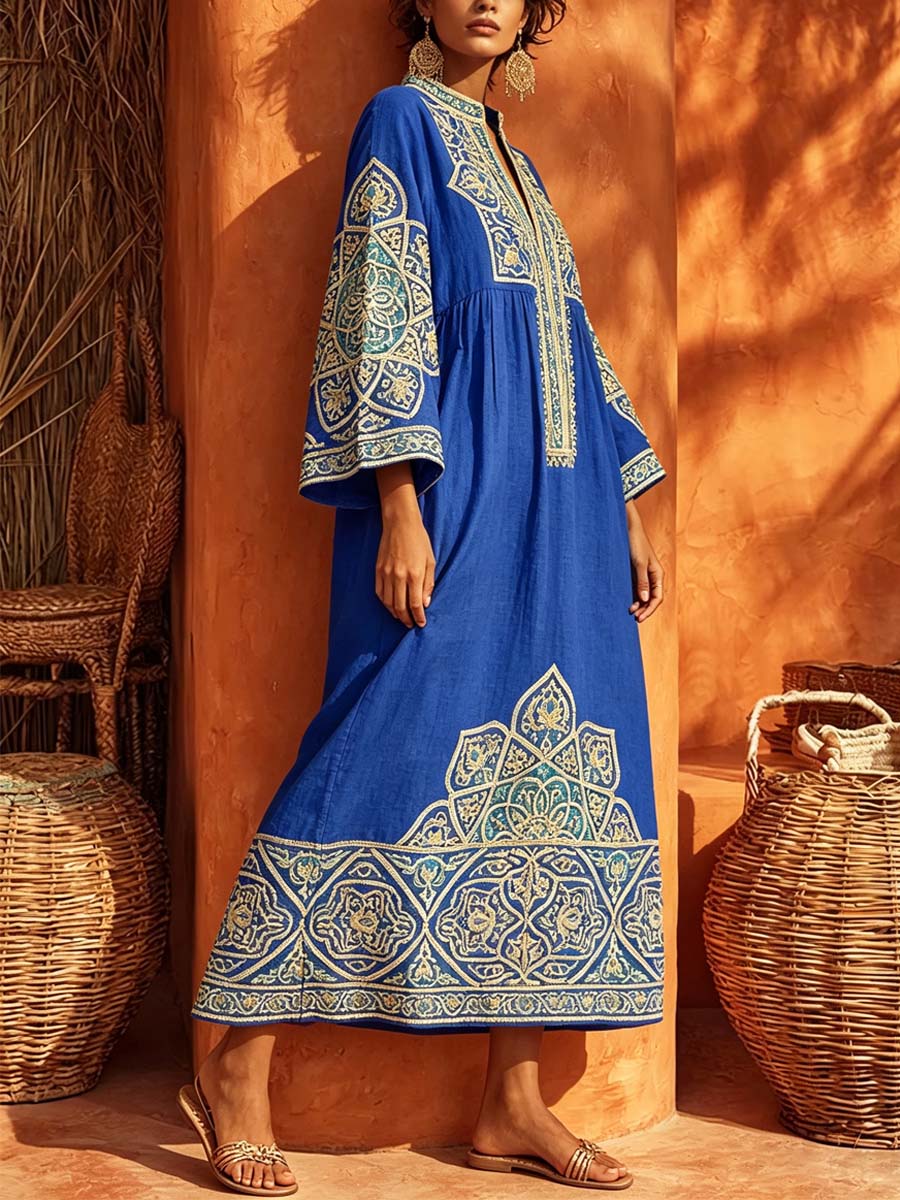 Retro Ethnic Pattern Art Print Casual Stand Collar Cotton Linen Maxi Dress