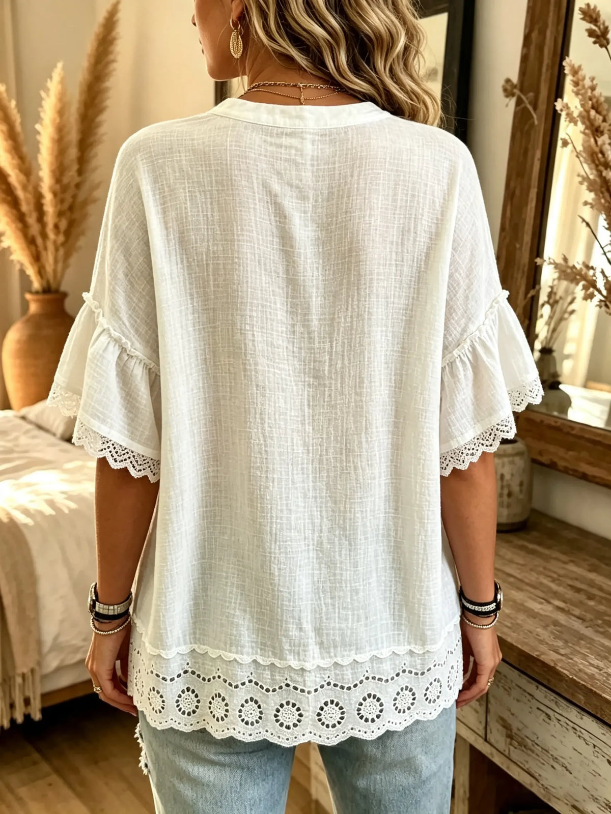 Women's Eyelet Lace Button-Down Blouse