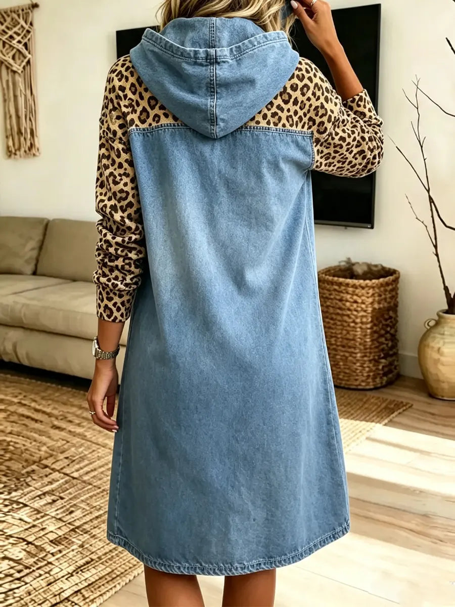 Retro Leopard Patchwork Hooded Art Casual Long Sleeve Stylish Denim Midi Dress