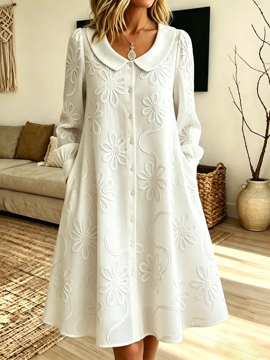 Retro Floral Art Print Casual Stylish Peter Pan Collar Long Sleeve Cotton Midi Dress