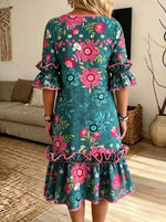 Women Vintage Floral Ruffle Hem Midi Dress With Pockets